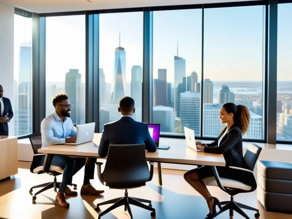 Profesionales colaborando en una oficina moderna, con luz natural y vista a la ciudad