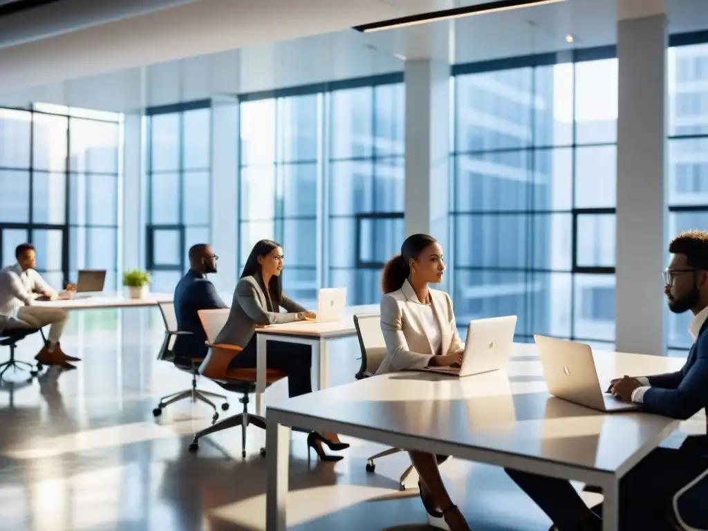 Profesionales colaborando en una oficina moderna, con luz natural y laptops