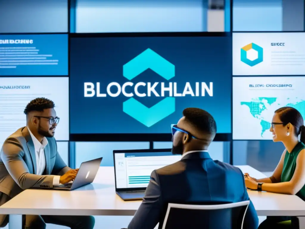 Profesionales colaborando en una oficina moderna, con pantallas digitales mostrando código blockchain y herramientas de desarrollo de código abierto