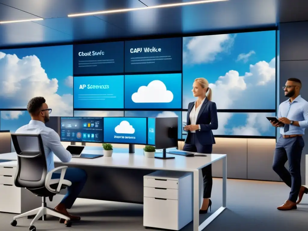 Profesionales diversos colaborando en una oficina moderna, con pantallas digitales mostrando integración de servicios de Cloud con API, reflejando tecnología y trabajo en equipo