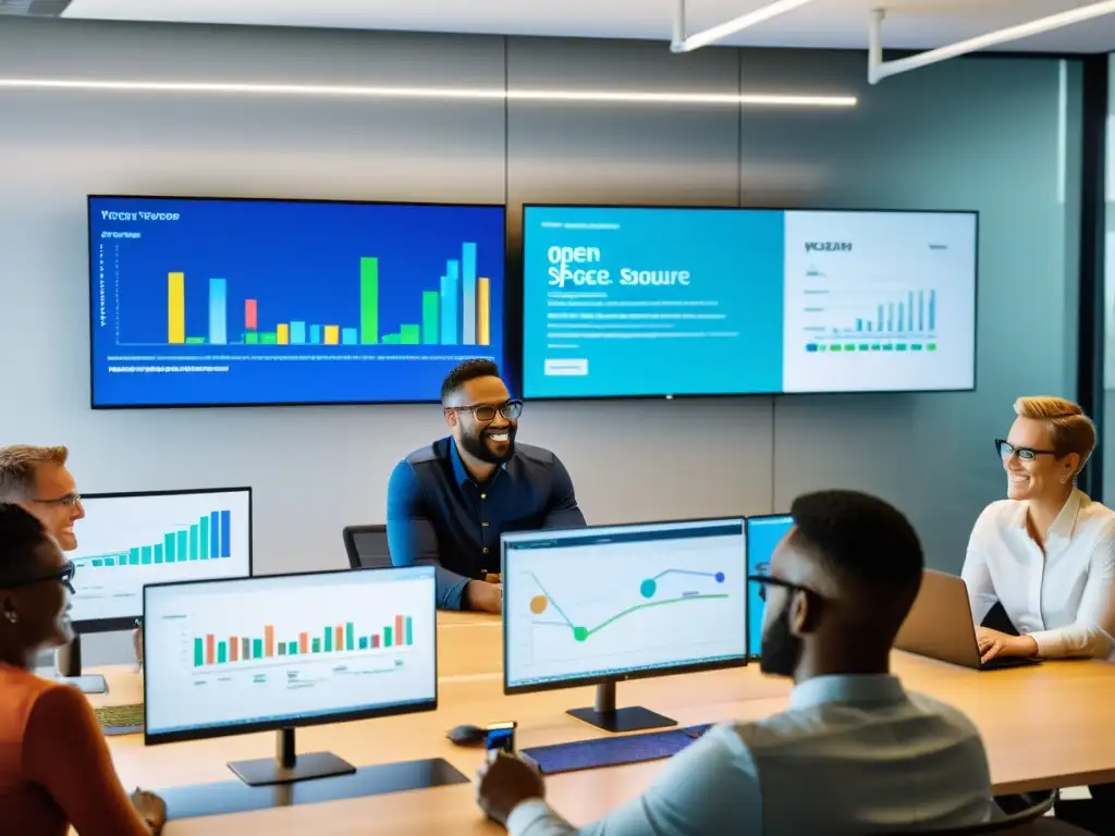 Profesionales colaborando en una oficina moderna, rodeados de tecnología, discutiendo ventajas competitivas del software de código abierto