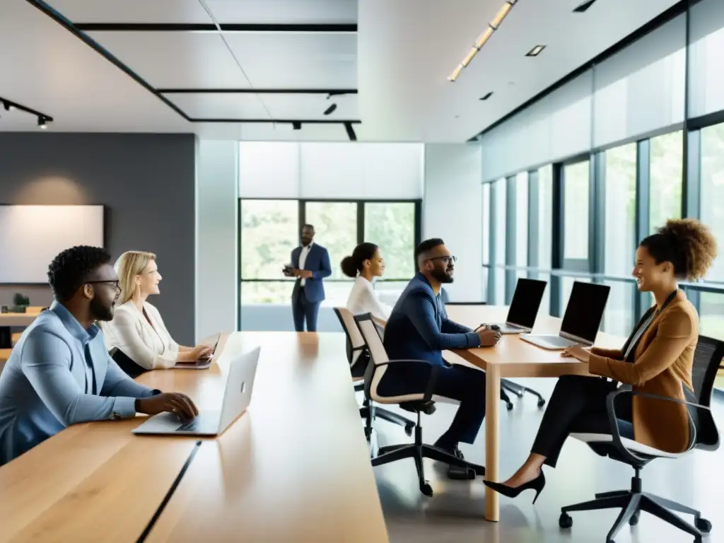 Profesionales colaborando en una oficina moderna, usando software colaborativo