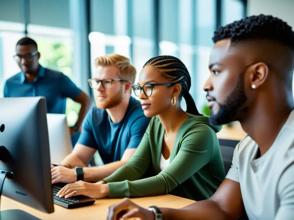 Profesionales de diversos perfiles colaborando en un proyecto de programación en una oficina moderna, generando un ambiente de innovación y educación