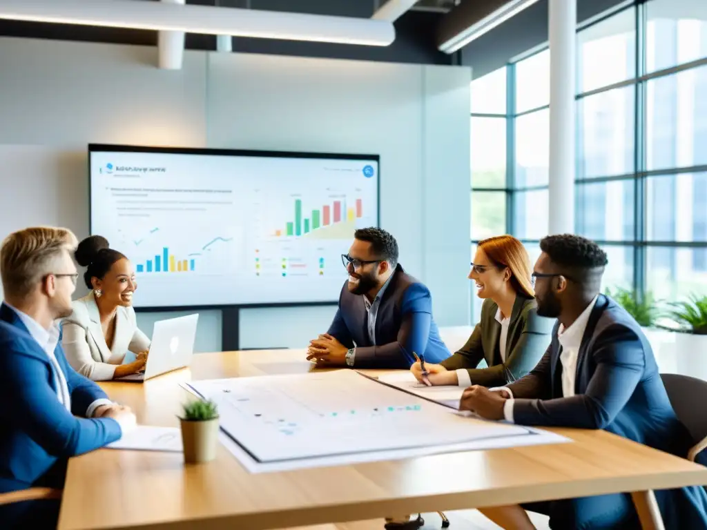 Profesionales colaborando en un plan de negocios, discutiendo ideas y trabajando en un espacio de oficina moderno con luz natural