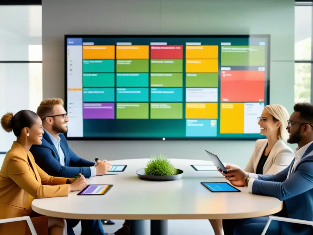 Profesionales mejorando productividad con Wekan Kanban en pantalla táctil, en ambiente colaborativo y contemporáneo