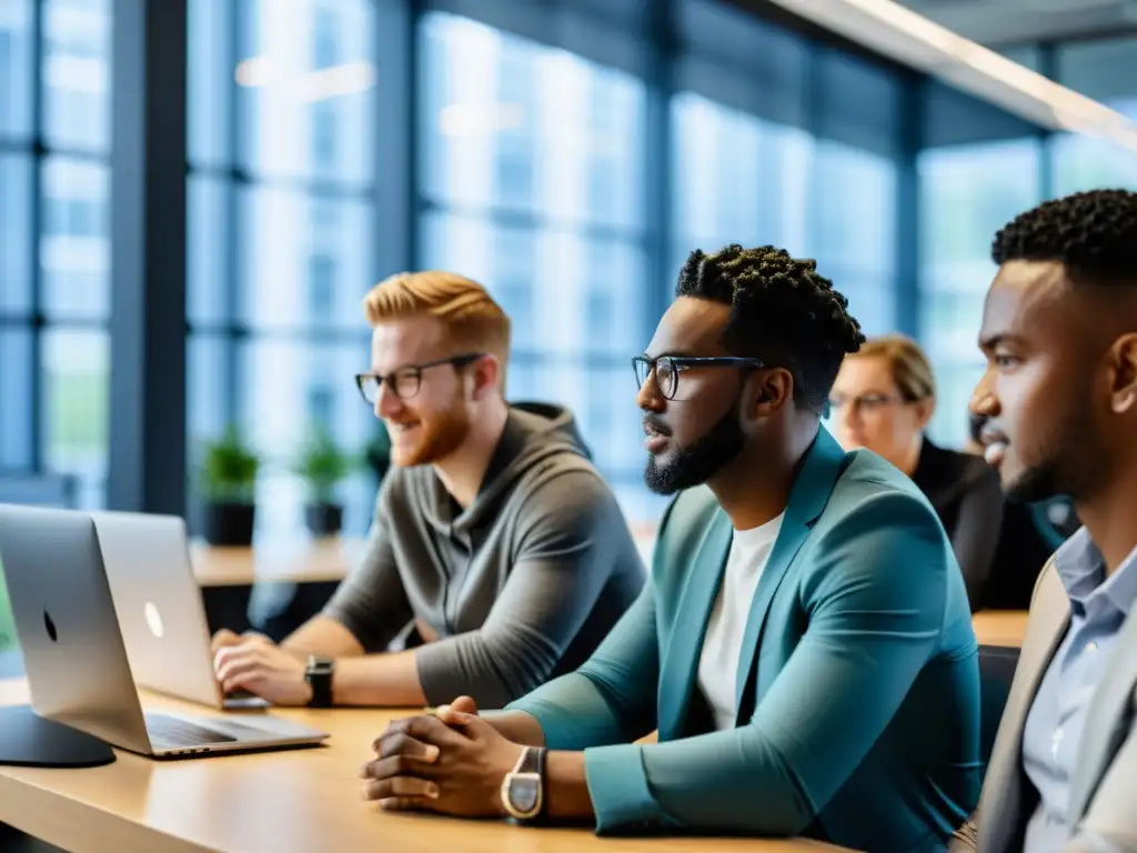 Profesionales colaborando en programación de software libre en una oficina moderna y dinámica