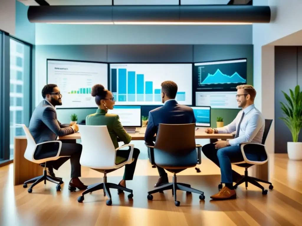 Profesionales colaborando en proyecto de código abierto, innovación y expertise en moderno entorno de oficina