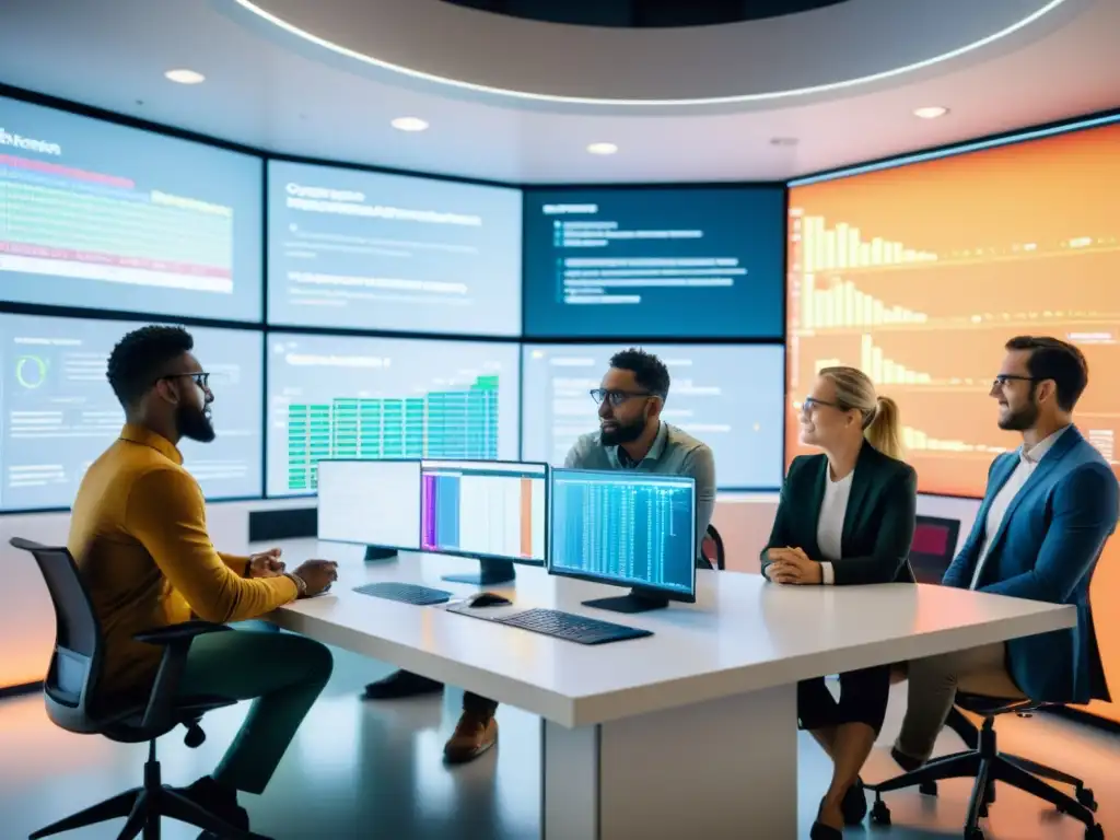 Profesionales colaborando en un proyecto de código abierto, con pantallas de código y visualizaciones de datos