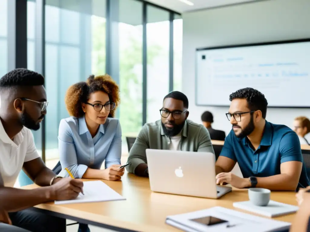 Profesionales colaborando en proyecto de código abierto en una oficina moderna