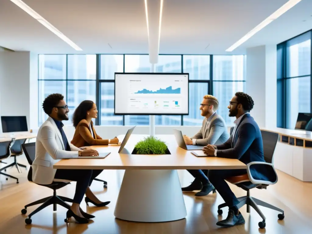 Profesionales colaborando en un proyecto digital en una oficina moderna con tecnología avanzada