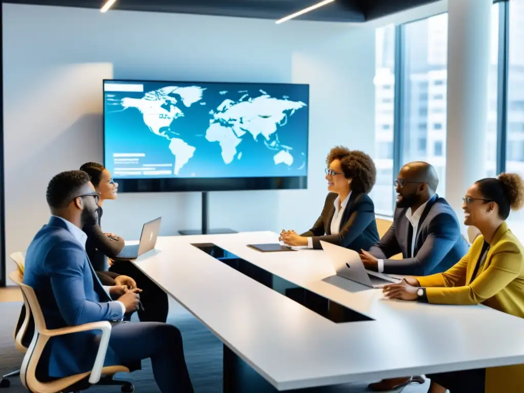 Profesionales colaborando en un proyecto digital con software colaborativo en una oficina moderna