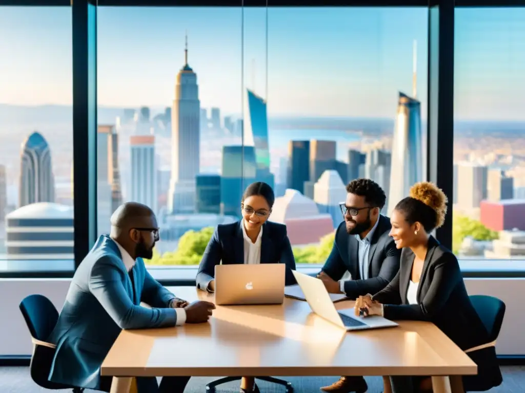 Profesionales colaborando en un proyecto, con laptops y documentos, con la ciudad de fondo