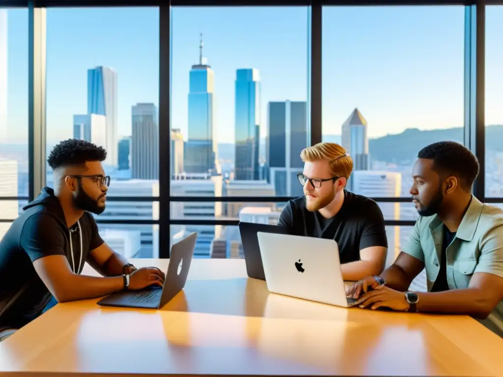 Profesionales colaborando en un proyecto, usando Git y GitHub colaborativos en una sala moderna con vista a la ciudad