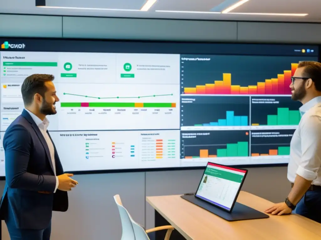 Profesionales colaborando en un proyecto con Kanboard en una oficina moderna, mostrando integración de herramientas Open Source