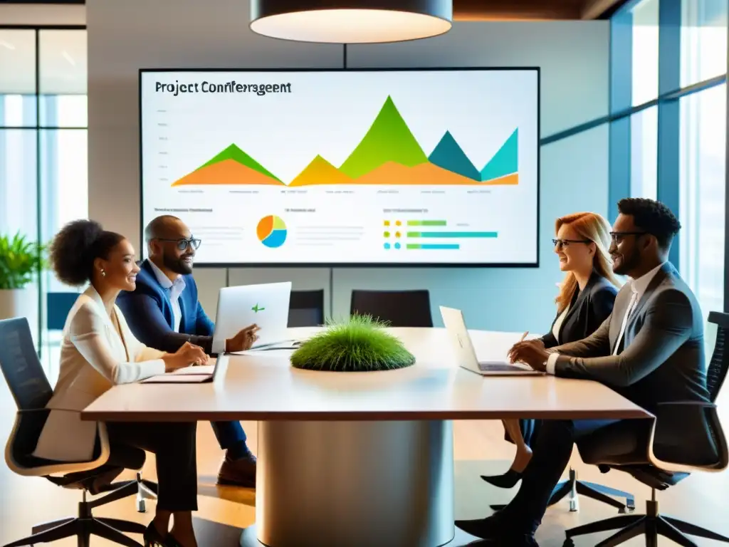 Profesionales colaborando en un proyecto en una oficina soleada, con gráficos y tablas en pantalla
