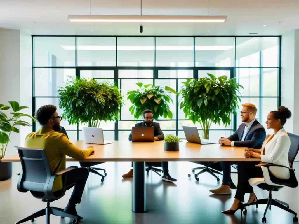 Profesionales colaborando en proyecto de software código abierto en moderna oficina con luz natural y plantas