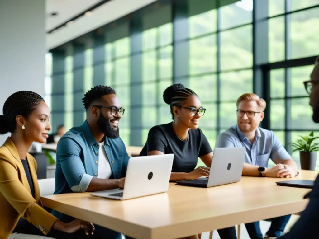Profesionales colaborando en un proyecto con software libre en una oficina moderna