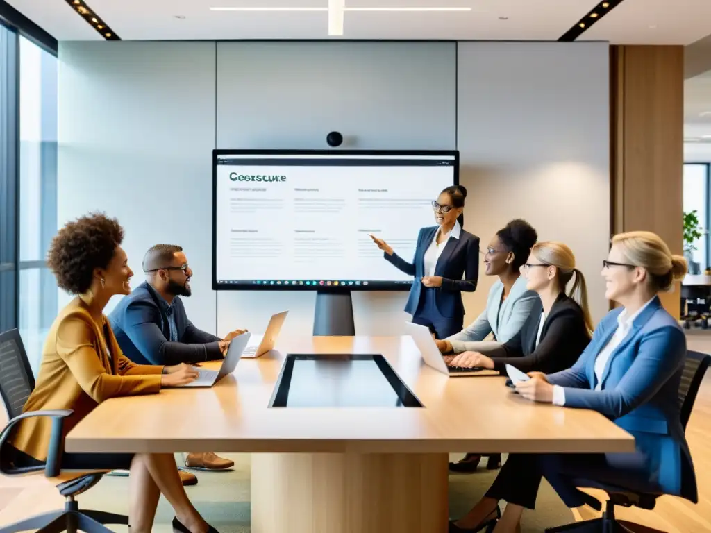 Profesionales colaborando en un proyecto usando software libre en una oficina moderna y luminosa