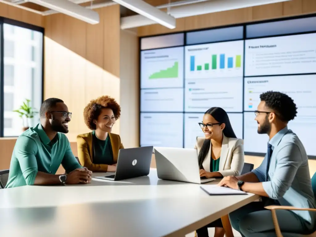 Profesionales colaborando en proyecto con software de gestión de proyectos open source en oficina luminosa