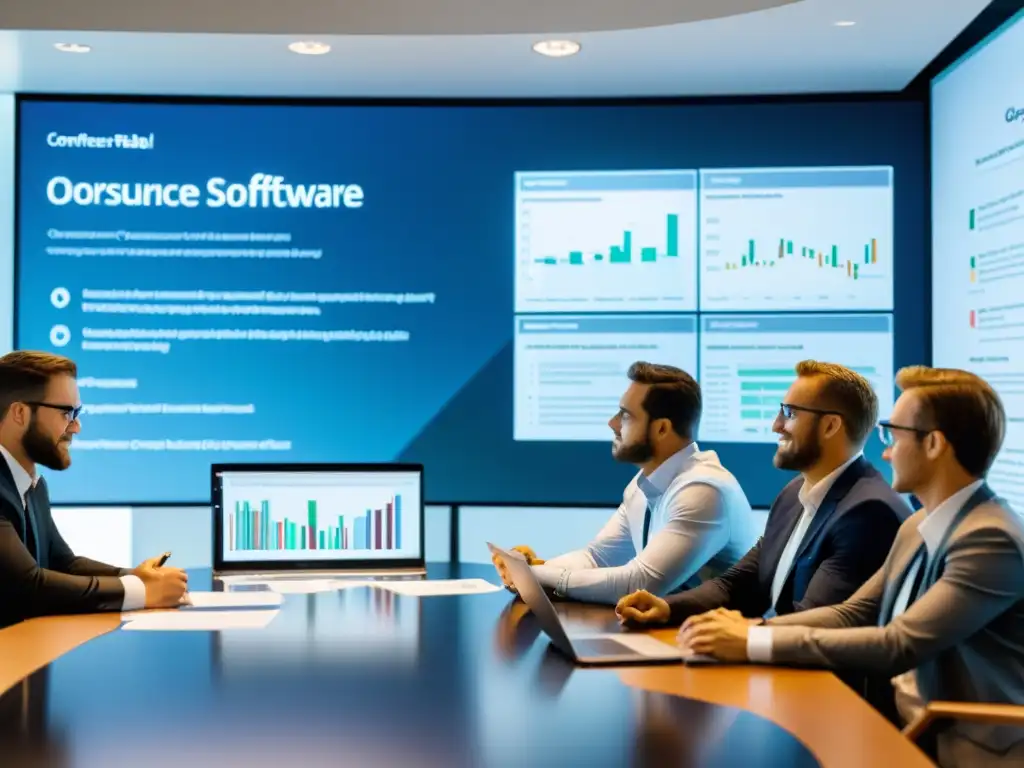 Profesionales en reunión discutiendo costos ocultos del software de código abierto en una sala moderna