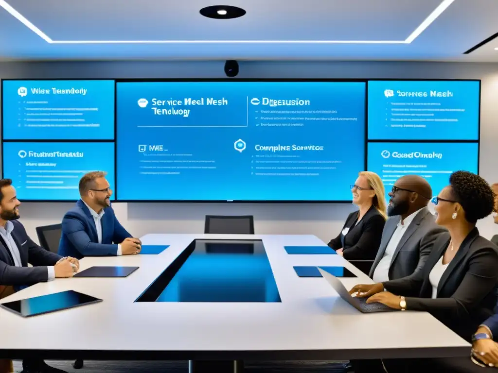 Profesionales colaborando en una reunión sobre Desarrollo de microservicios con Service Mesh, rodeados de tecnología moderna