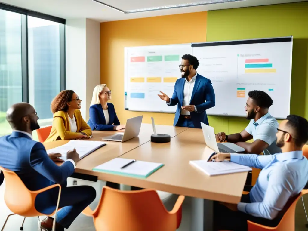 Profesionales colaborando en una reunión, compartiendo ideas y trabajando en equipo