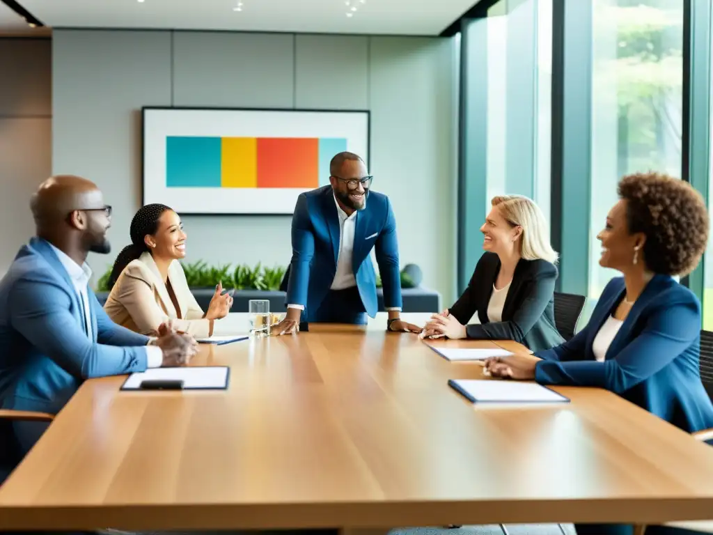 Profesionales colaborando en una reunión con luz natural y decoración moderna