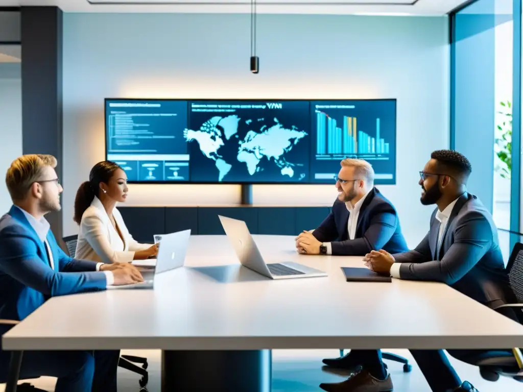 Profesionales colaboran en una reunión, configurando VPN con software open source mientras observan diagramas en pantalla
