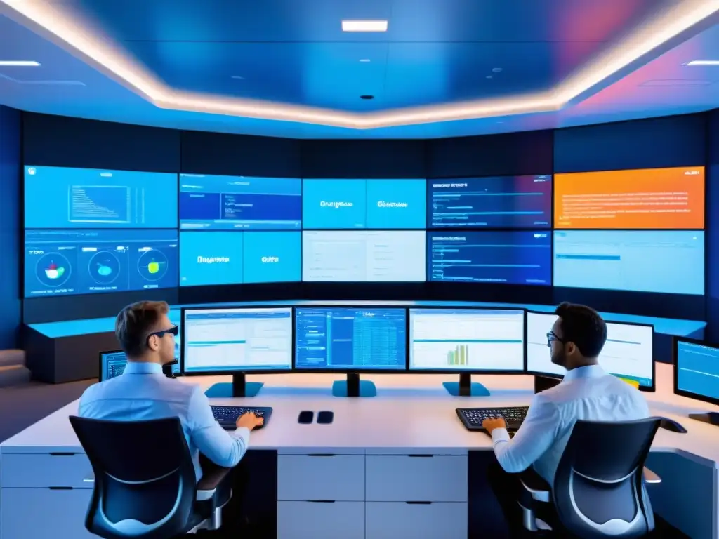 Profesionales colaborando en una sala de control futurista con visualizaciones dinámicas de métricas y tendencias de logs en DevOps