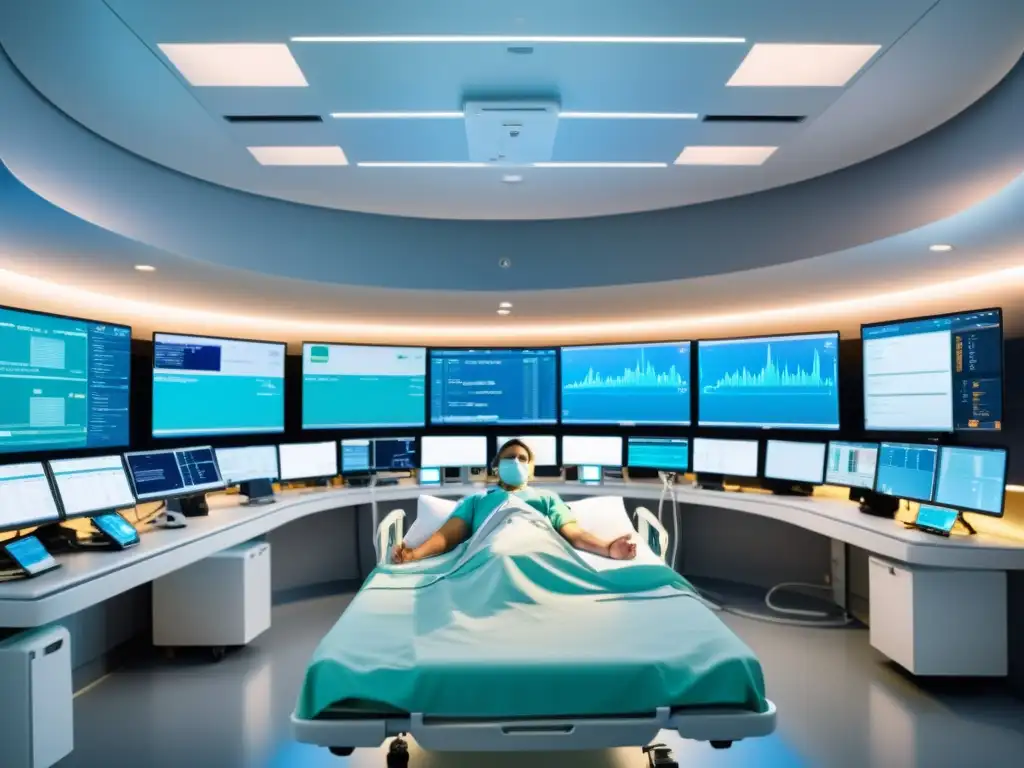 Profesionales de la salud utilizan soluciones de IA de código abierto para monitoreo en tiempo real en una moderna sala de UCI, equipada con tecnología avanzada y dispositivos de vanguardia, transmitiendo profesionalismo y expertise en el cuidado de pacientes