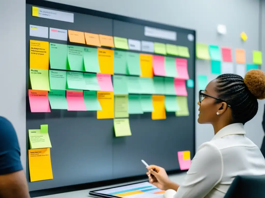 Profesionales diversos colaboran en un tablero digital Kanban, con notas adhesivas coloridas representando tareas