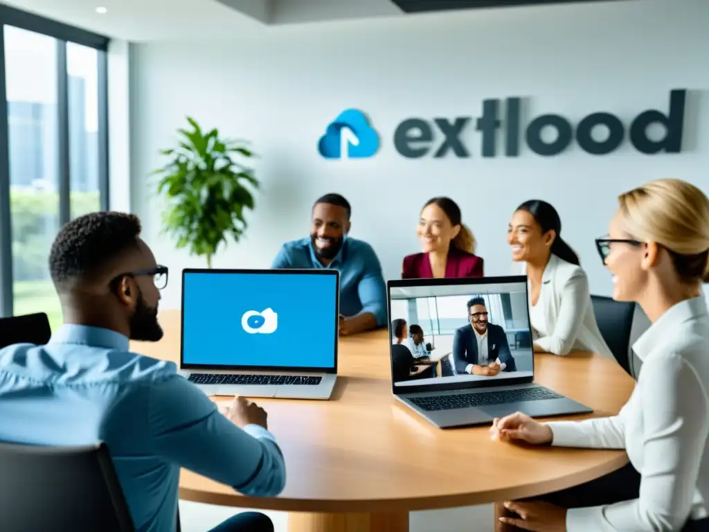 Profesionales colaborando en una videoconferencia segura con Nextcloud Talk en una oficina moderna