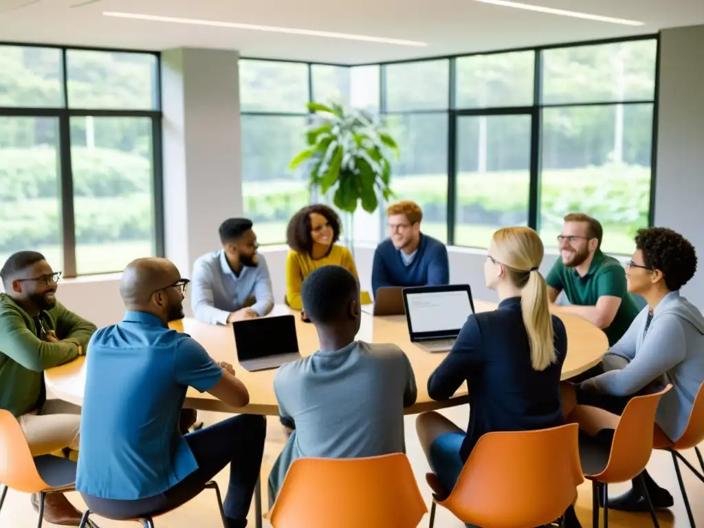 Profesor y alumnos dialogan sobre la importancia de las comunidades open source en un aula moderna y dinámica, rodeada de vegetación