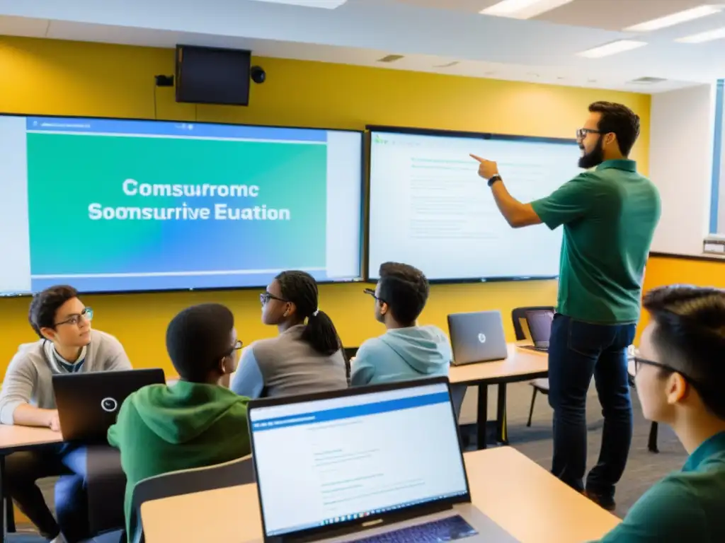 Profesor enseña beneficios IDEs código abierto educación a estudiantes con laptops en aula luminosa y moderna