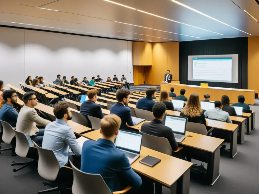 Profesor y estudiantes debaten en aula universitaria equipada con tecnología de vanguardia