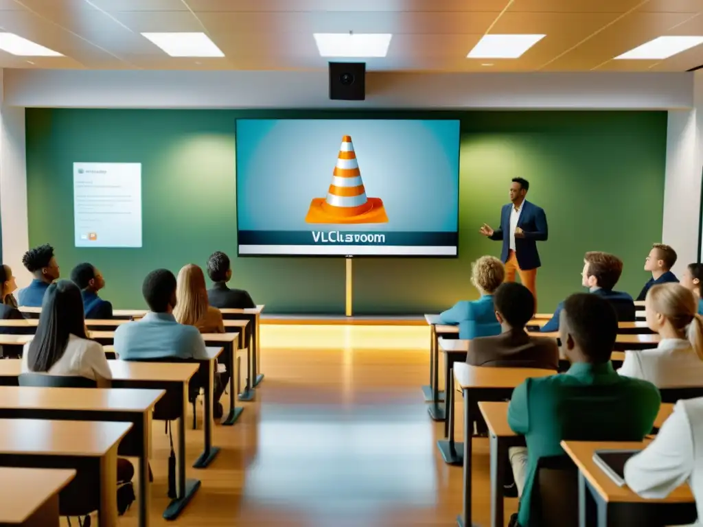 Profesor y estudiantes interactúan con el reproductor multimedia VLC Media Player en un aula moderna y luminosa