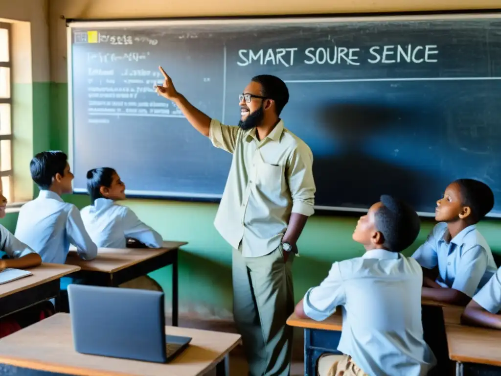 Profesor enseñando informática con software de código abierto en aula luminosa