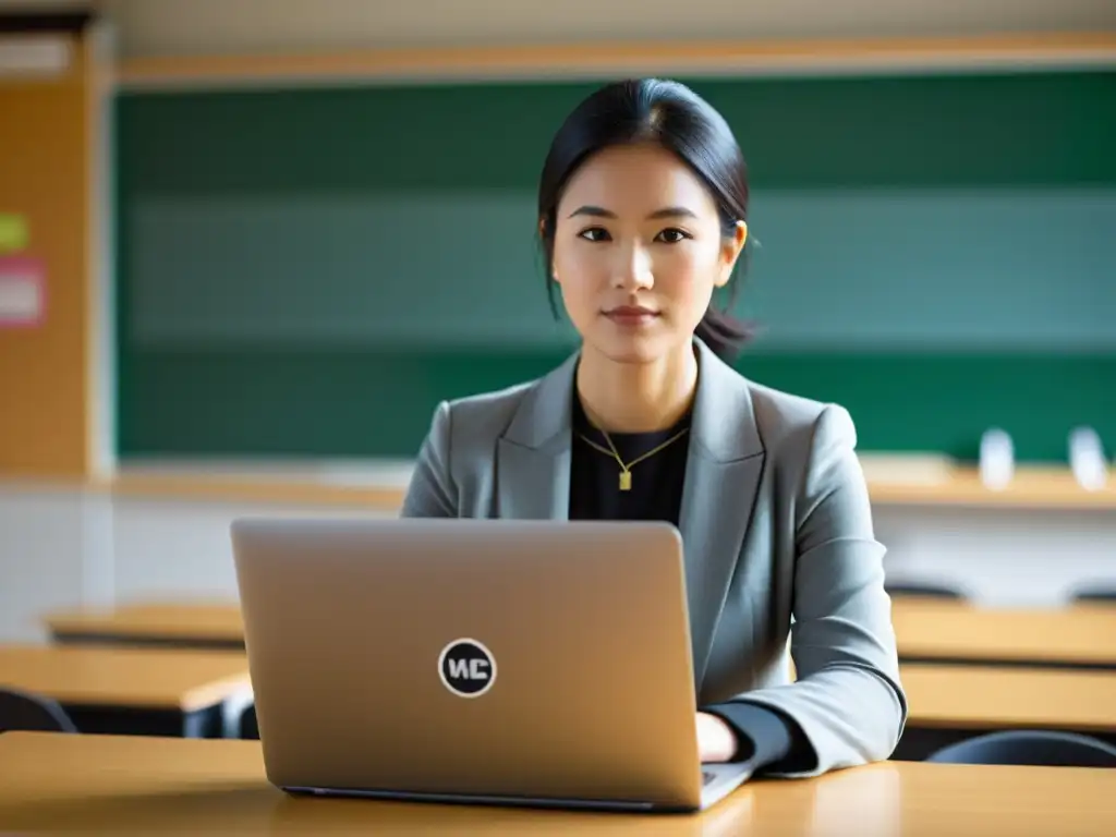 Un profesor utiliza Moodle en su laptop, con un aula virtual organizada y cálida