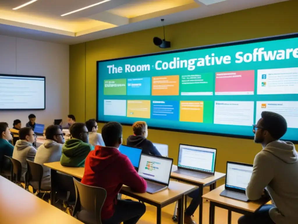 Profesor enseñando el uso de software de código abierto en educación a estudiantes concentrados en laptops en un aula luminosa