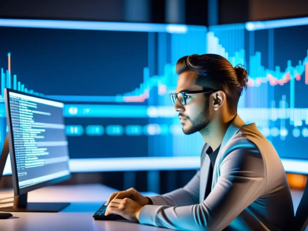 Un programador analiza código en pantalla rodeado de gráficos digitales, representando la evaluación de riesgos en software libre