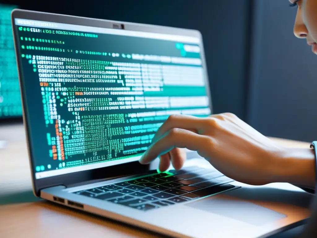 Un programador escribe código en un portátil moderno con gráficos vibrantes