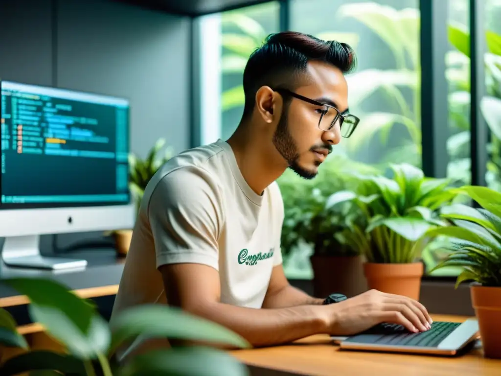 Programador concentrado usando Emacs en un espacio de trabajo moderno rodeado de plantas y luz natural