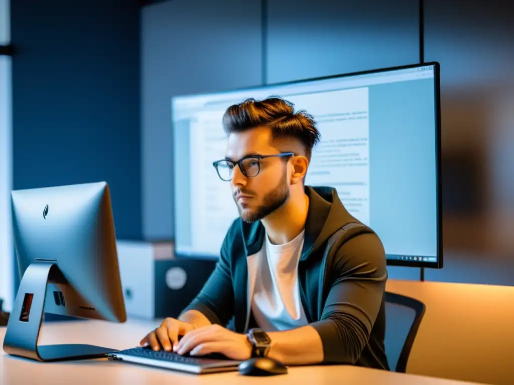 Un programador concentrado en su escritorio, usando KDevelop en un monitor de alta resolución