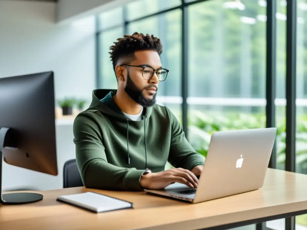 Un programador concentrado en su escritorio minimalista, usando el IDE ligero Geany para programación