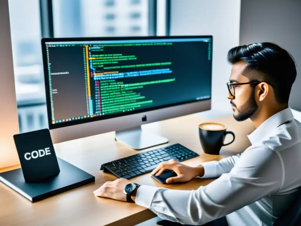 Programador concentrado en su escritorio, rodeado de herramientas de trabajo, disfrutando de las ventajas de programar en Code::Blocks