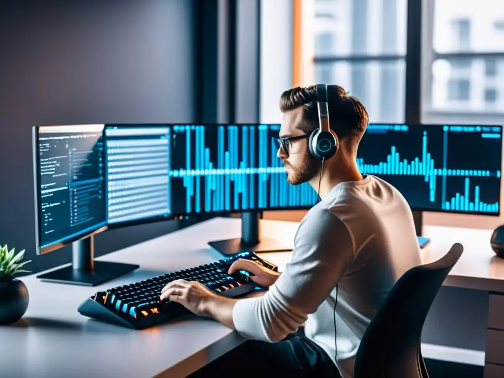 Un programador concentrado en su estación de trabajo moderna, con monitores, teclado mecánico y decoración minimalista, usando PhpStorm