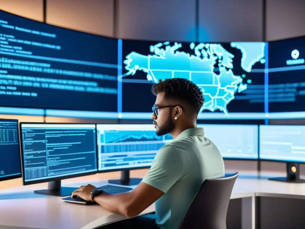 Un programador concentrado trabaja en su laptop rodeado de pantallas con código y diagramas de infraestructura en la nube