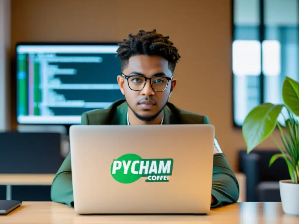 Un programador concentrado trabaja en su laptop con el IDE open source PyCharm