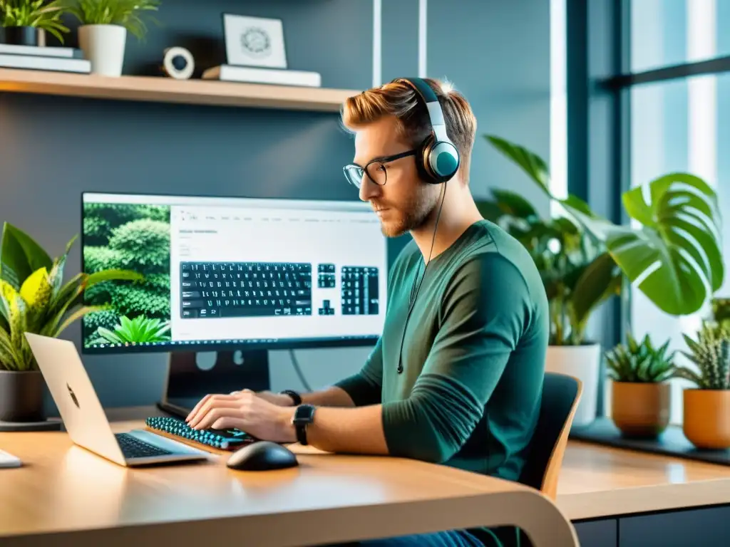 Programador concentrado en su moderno y minimalista espacio de trabajo, resaltando la importancia de los editores de texto en el terminal