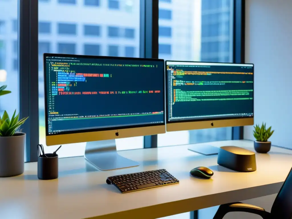 Un programador utiliza PyCharm en una configuración de doble monitor, rodeado de una estética profesional y productiva